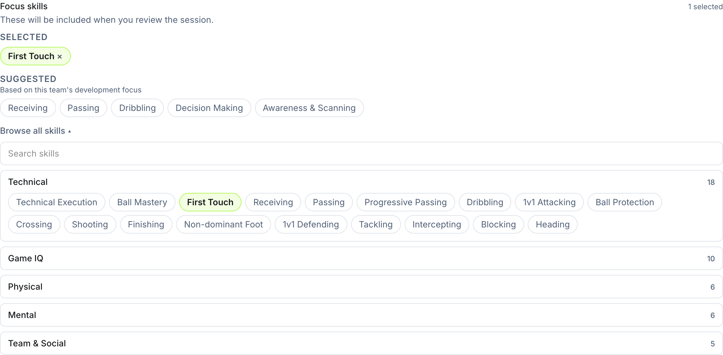 The training focus skills picker with selected skills, suggestions and skills grouped by domain behind Browse all skills