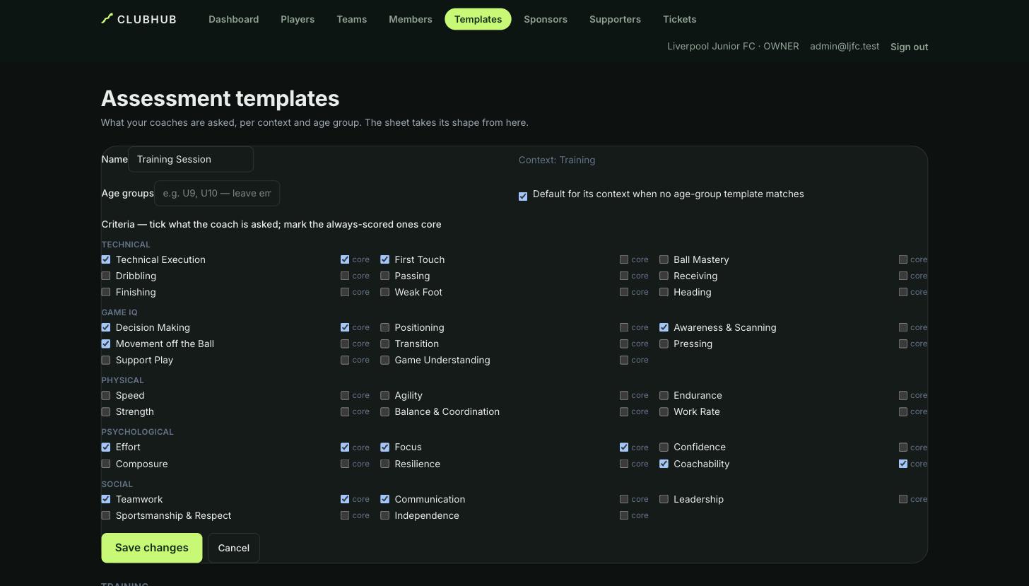 The template editor with criteria grouped by category and core toggles