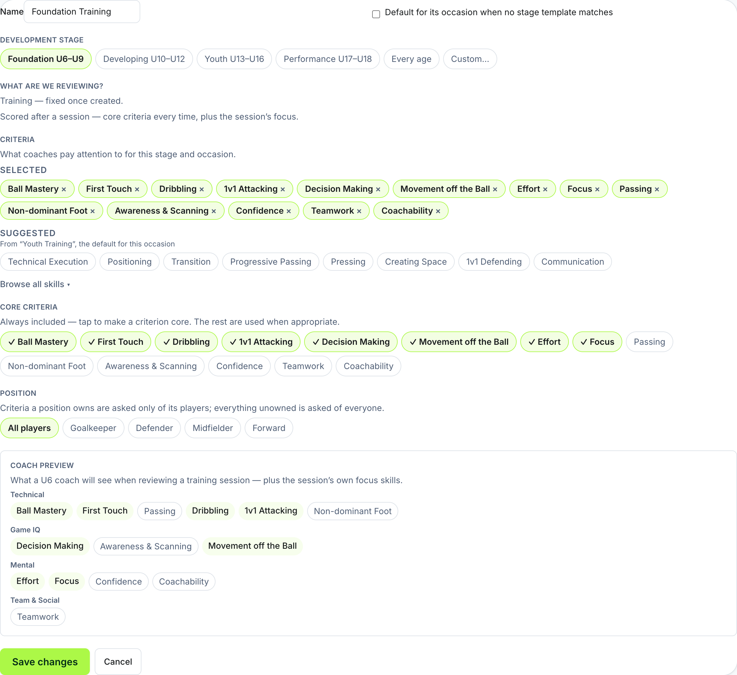 The guided template editor with development stage, criteria, core criteria, position and coach preview steps