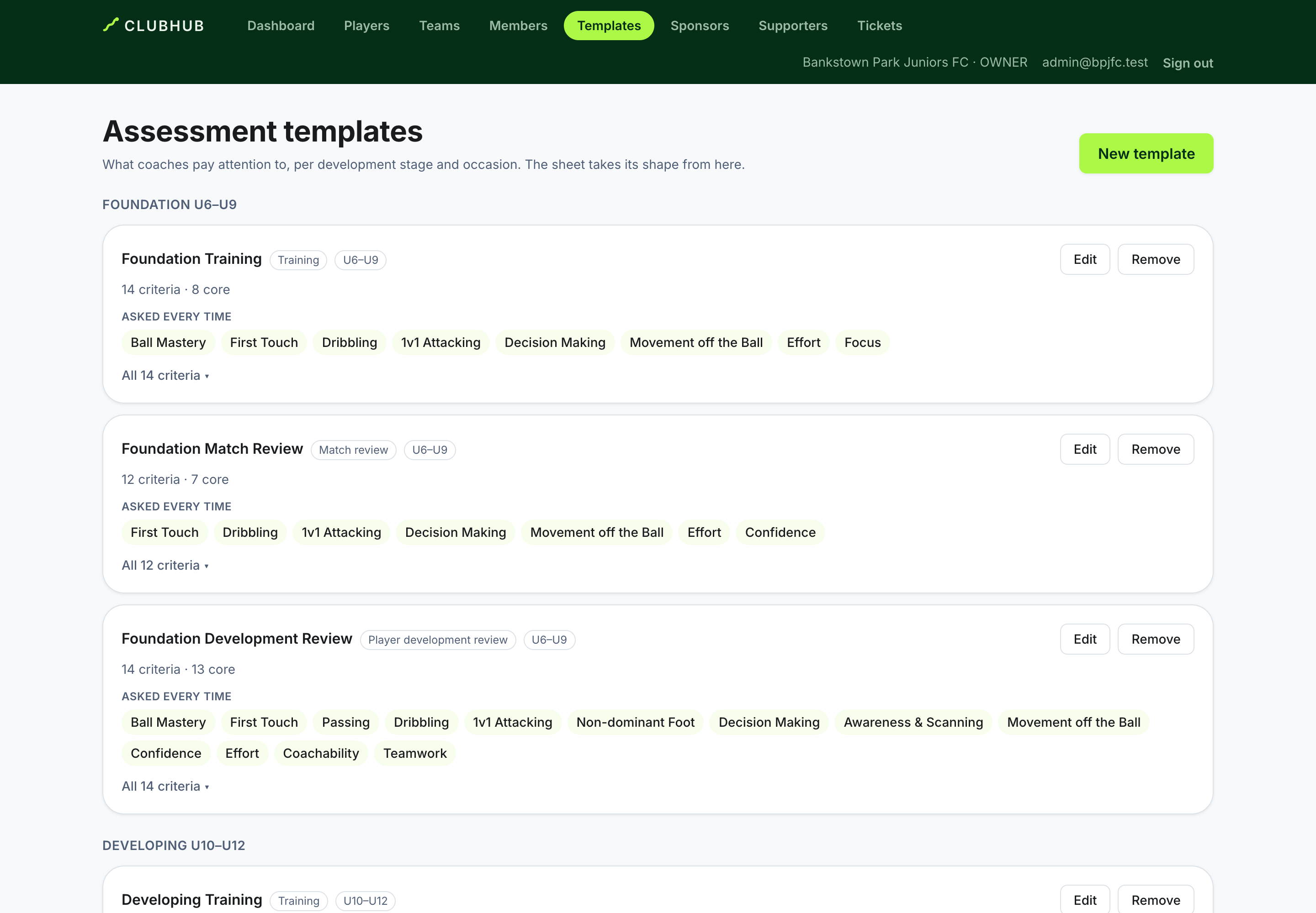 The assessment templates page with templates filed by development stage